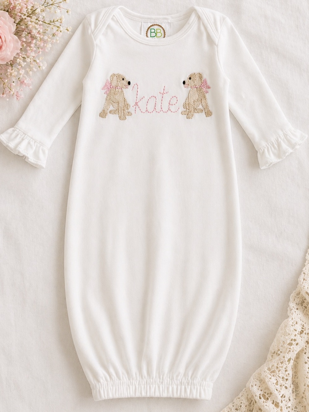 Blanks Boutique Newborn gown Monogrammed “Kate” Pink Golden Retrievers One Size